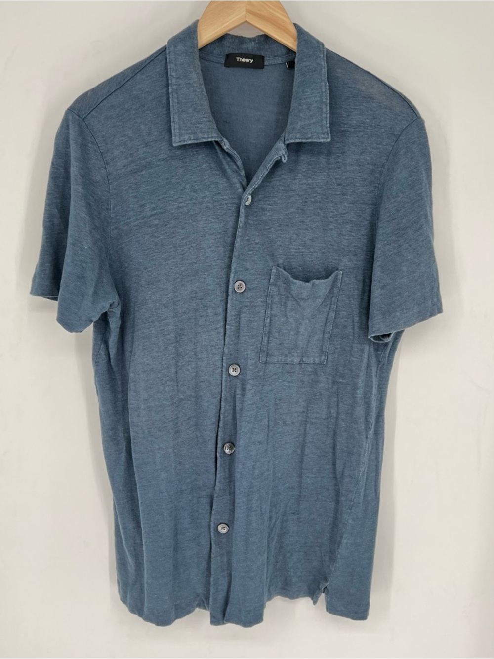 Theory‎ Men's Linen Blue Short-Sleeve Button-Up Shirt